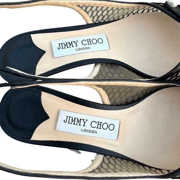 Jimmy Choo Amita 45 Black Slingback Nappa Leather Fishnet Mesh Kitten Heel Pump